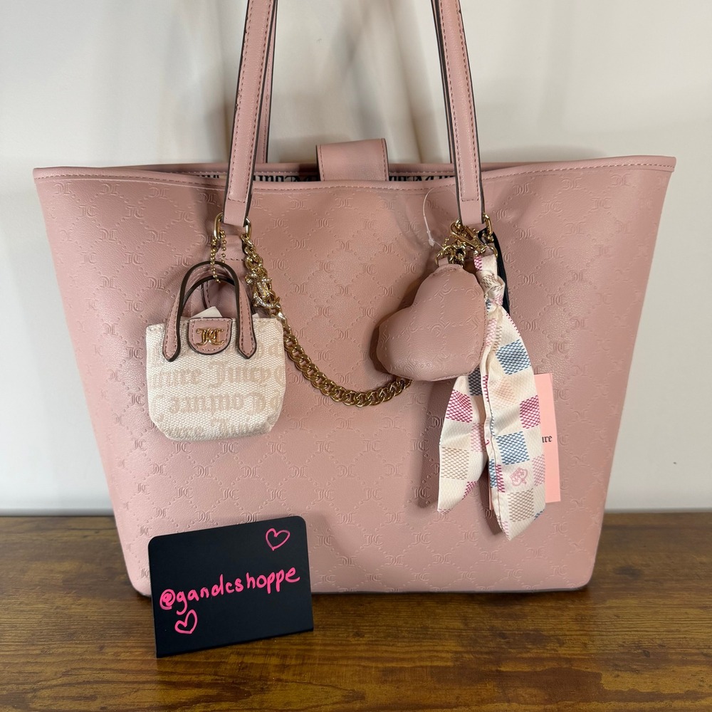 New Juicy Couture More is More Large Tote Shoulder Handbag Pink Charms Chain